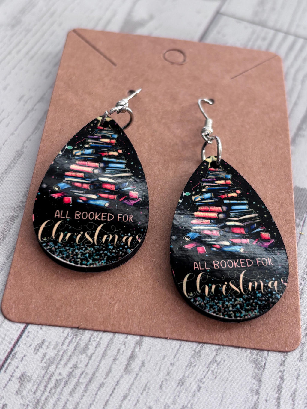 Christmas Holiday Snowman Snowflake Santa Elf Tear Drop Earrings Book Tree