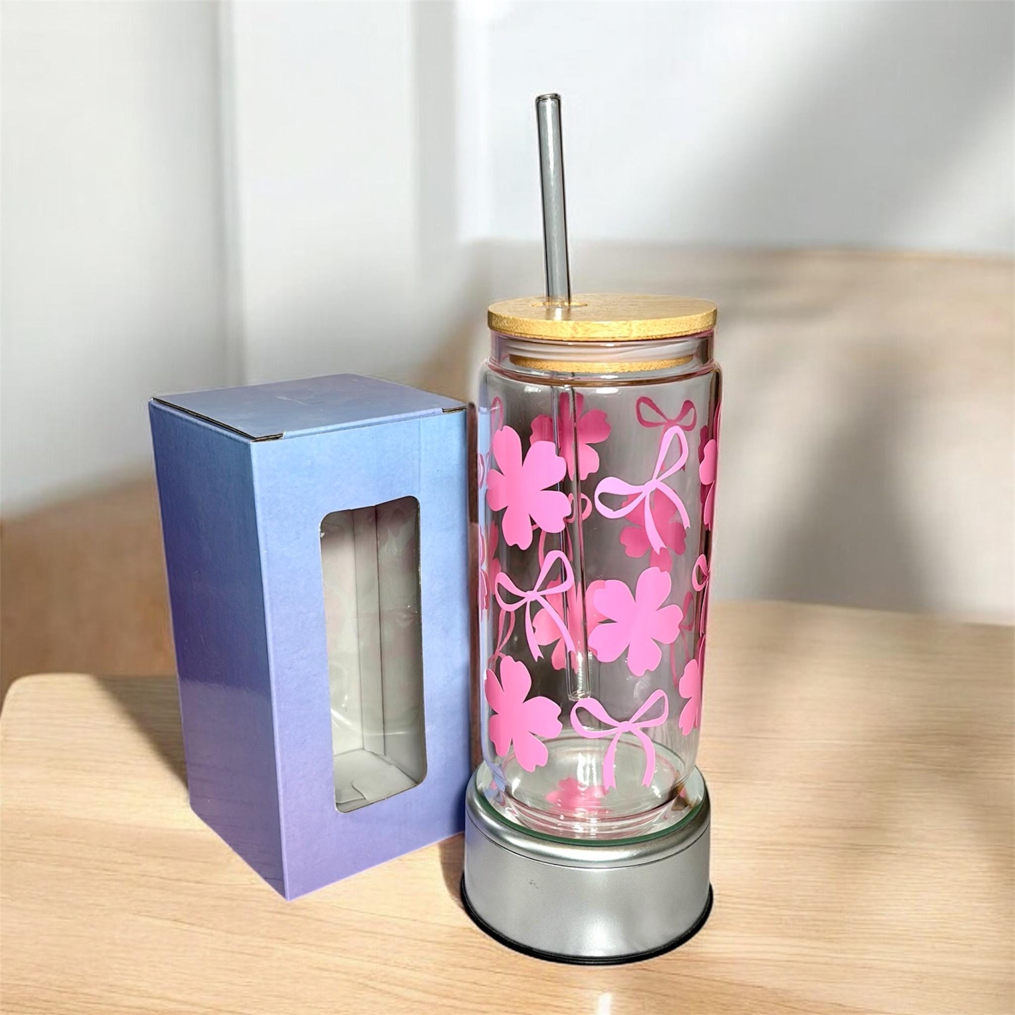 Pink Flower Bow Libbey Glass Can Jar with Bamboo Lid, 16oz