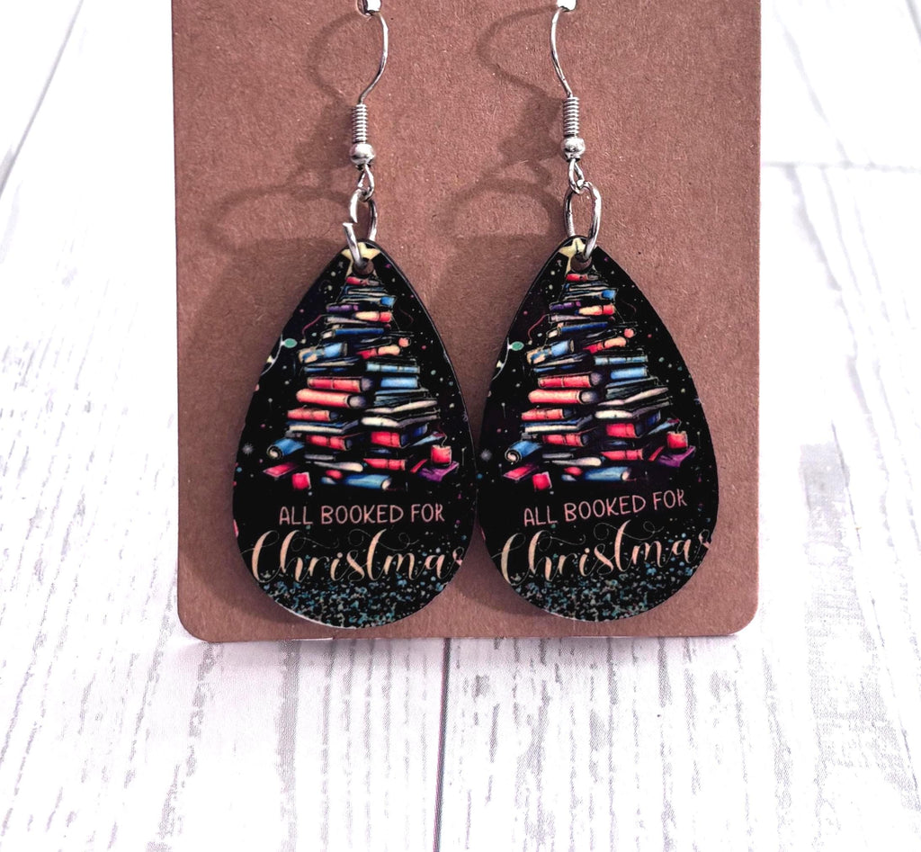 Christmas Holiday Snowman Snowflake Santa Elf Tear Drop Earrings Book Tree