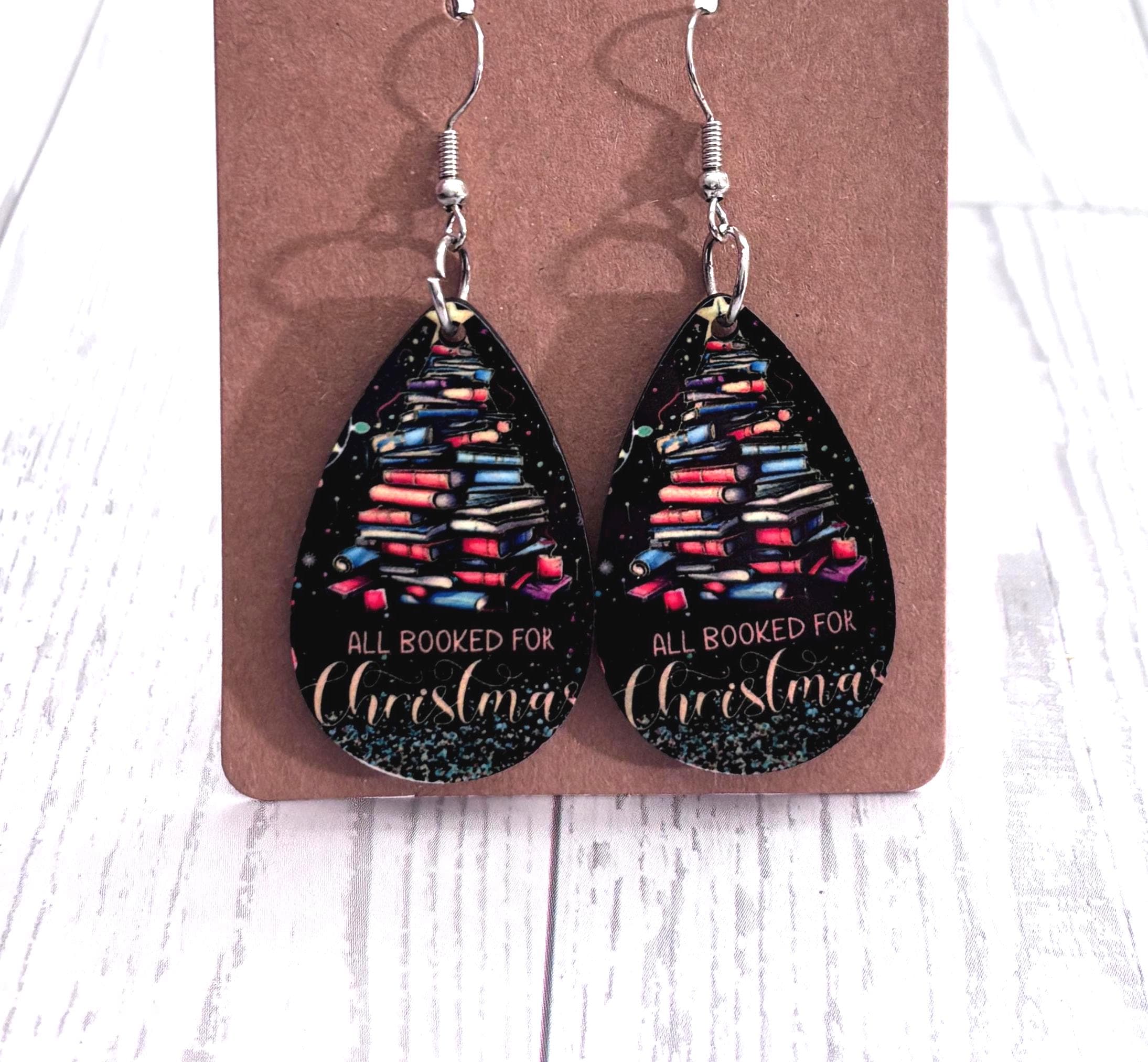 Christmas Holiday Snowman Snowflake Santa Elf Tear Drop Earrings Book Tree