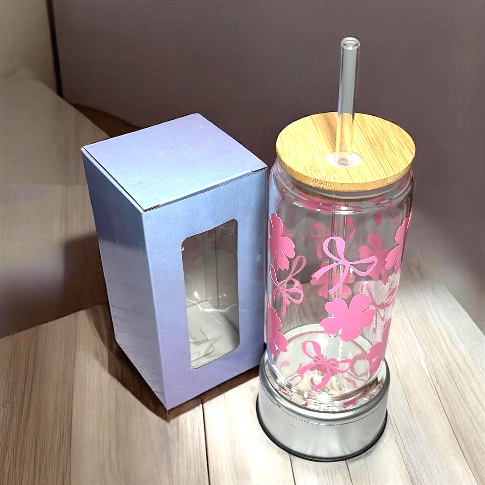 Pink Flower Bow Libbey Glass Can Jar with Bamboo Lid, 16oz