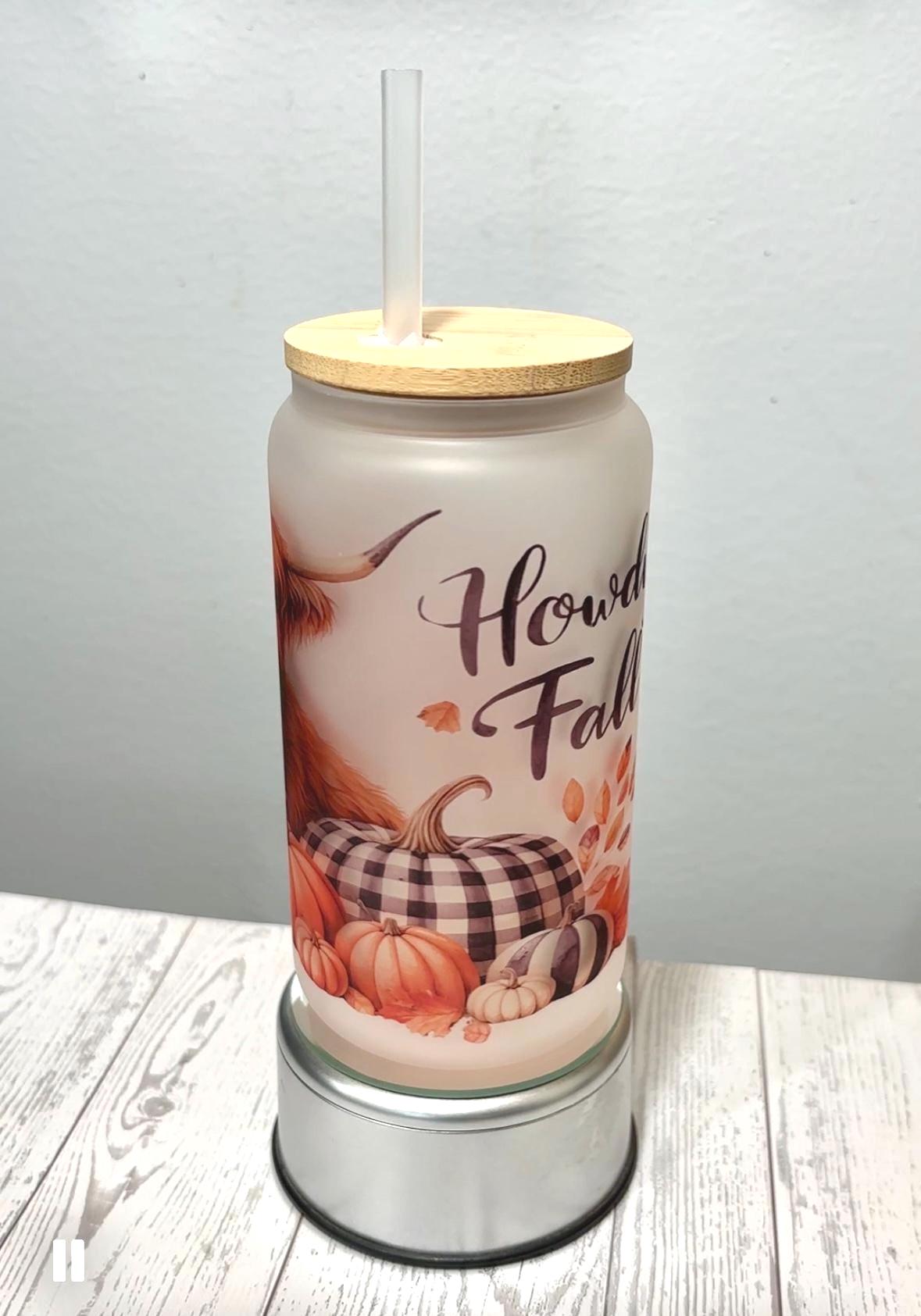 Howdy Fall 16oz Libbey Frosted Glass Can Jar with Bamboo Lid Fall Cow Pumpkin