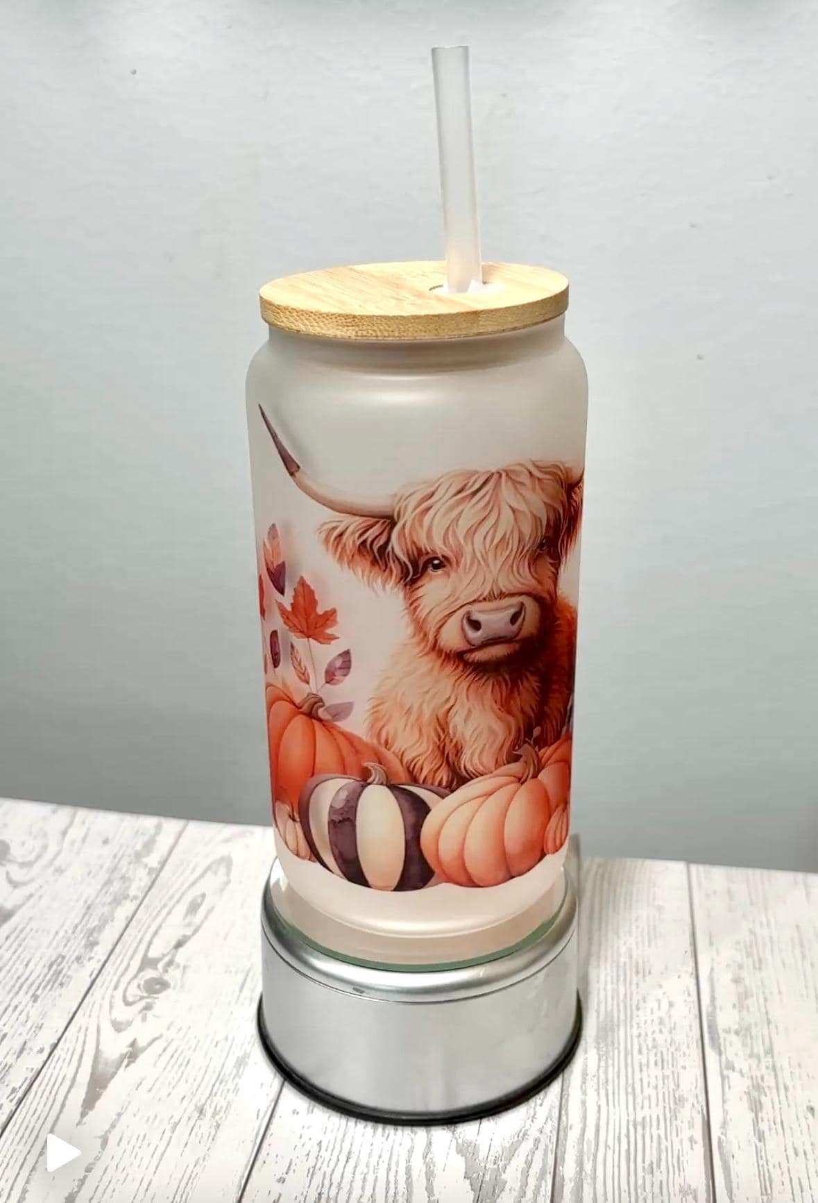 Howdy Fall 16oz Libbey Frosted Glass Can Jar with Bamboo Lid Fall Cow Pumpkin