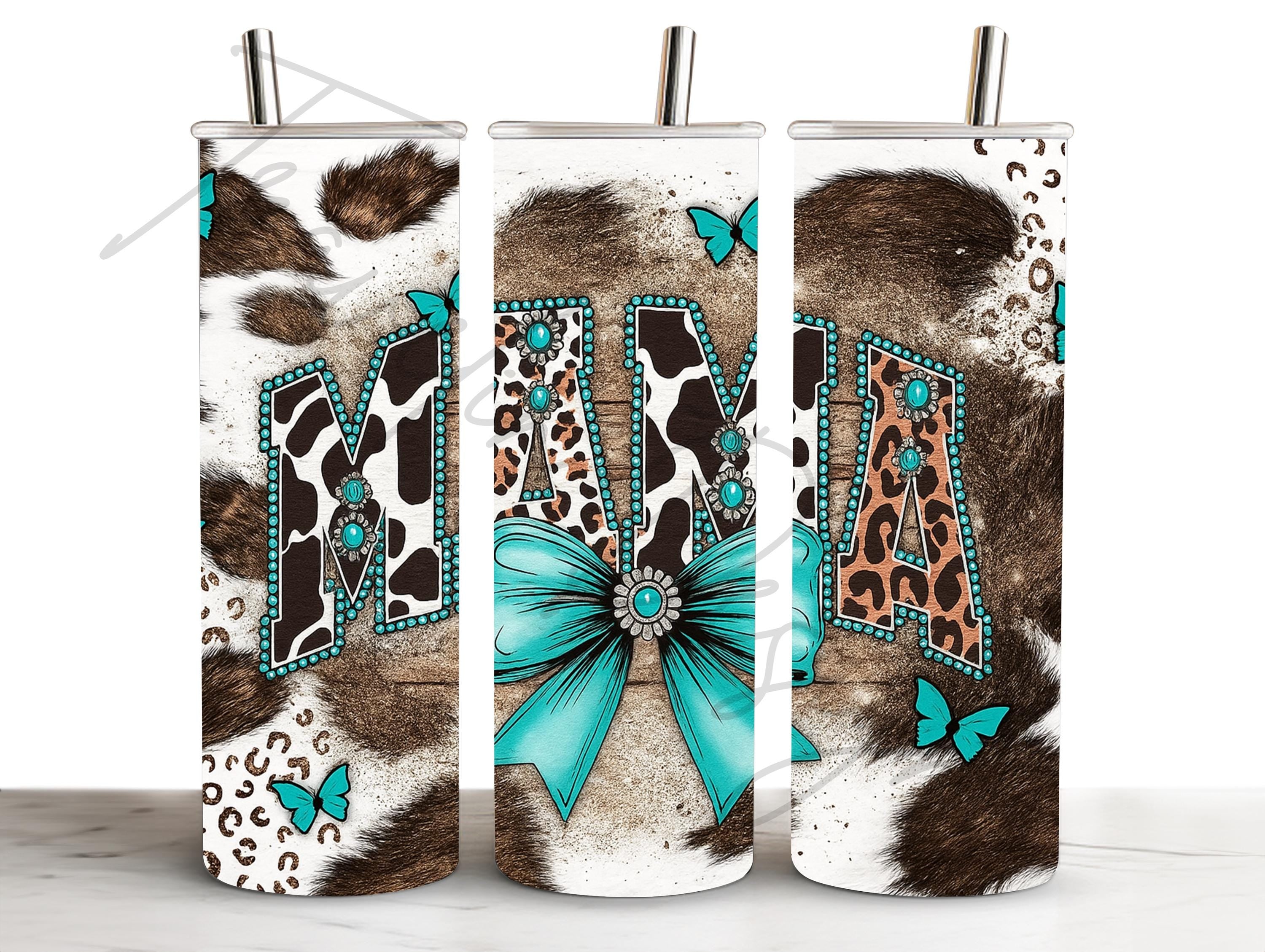 Turquoise MAMA Cow Cheetah Bow Print Tumbler Gift 20oz Stainless Steel Birthday Christmas Mom