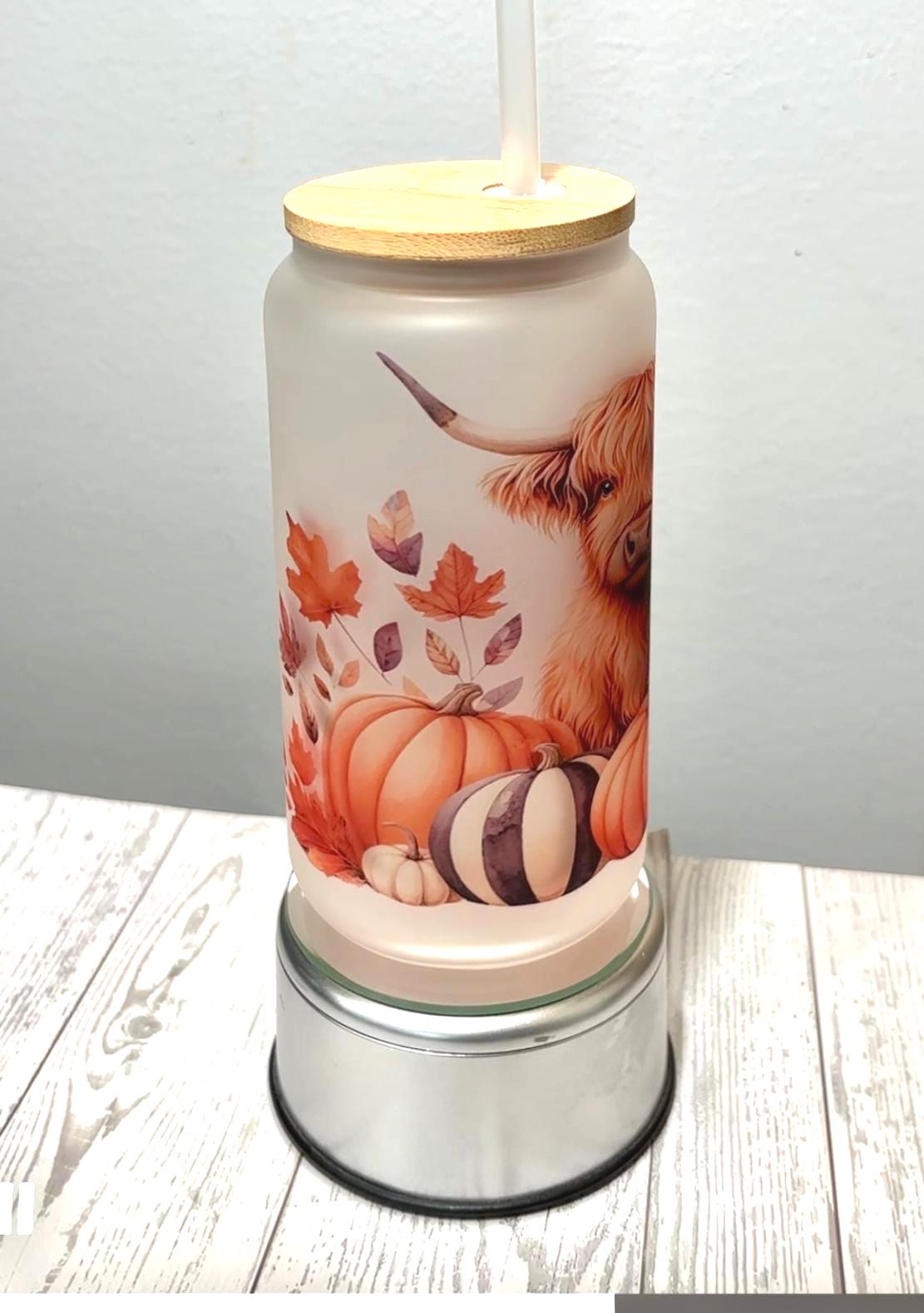 Howdy Fall 16oz Libbey Frosted Glass Can Jar with Bamboo Lid Fall Cow Pumpkin