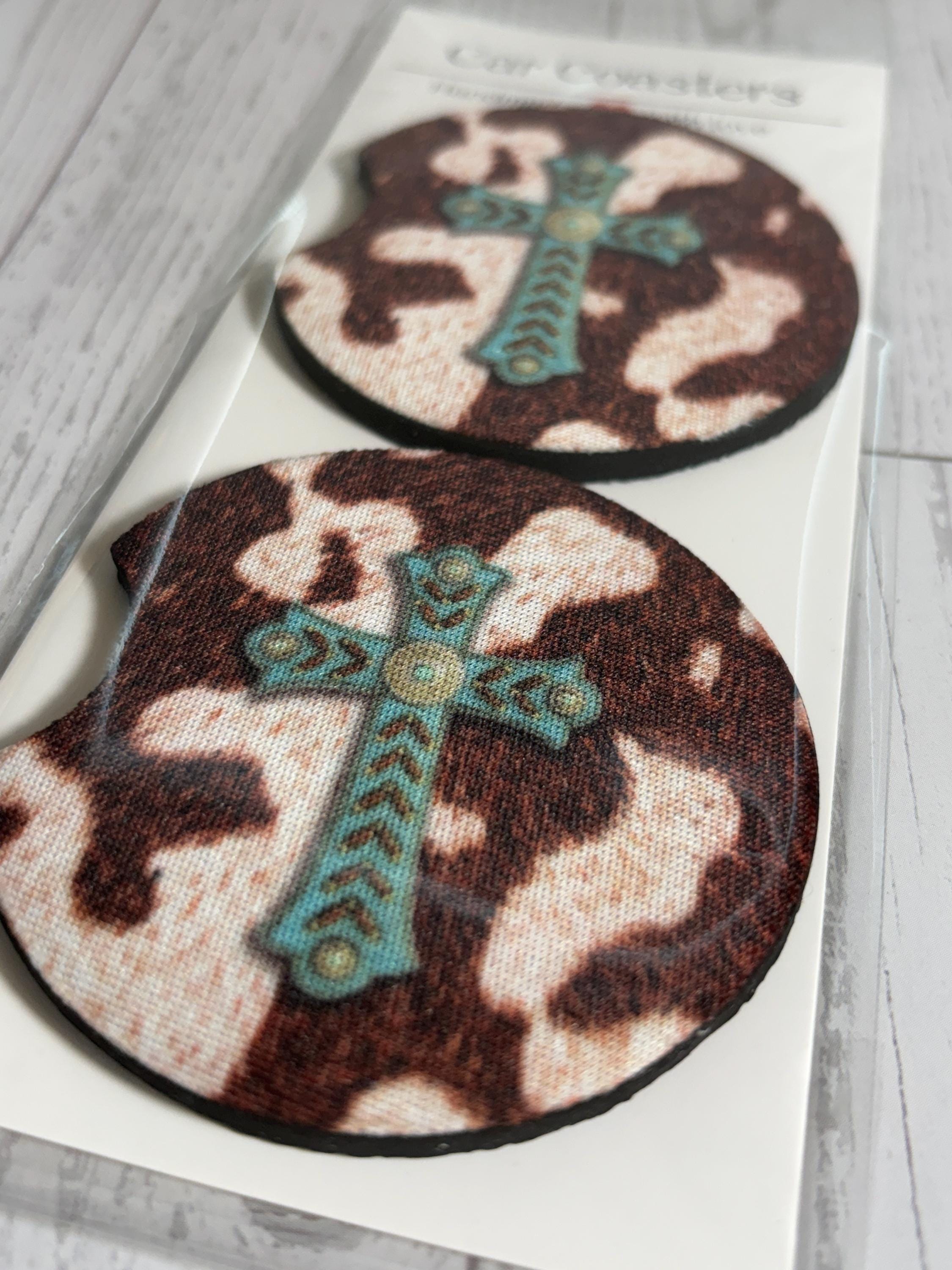 Cow Print Cross Turquoise Car Neoprene Cup Holder Coaster Gift