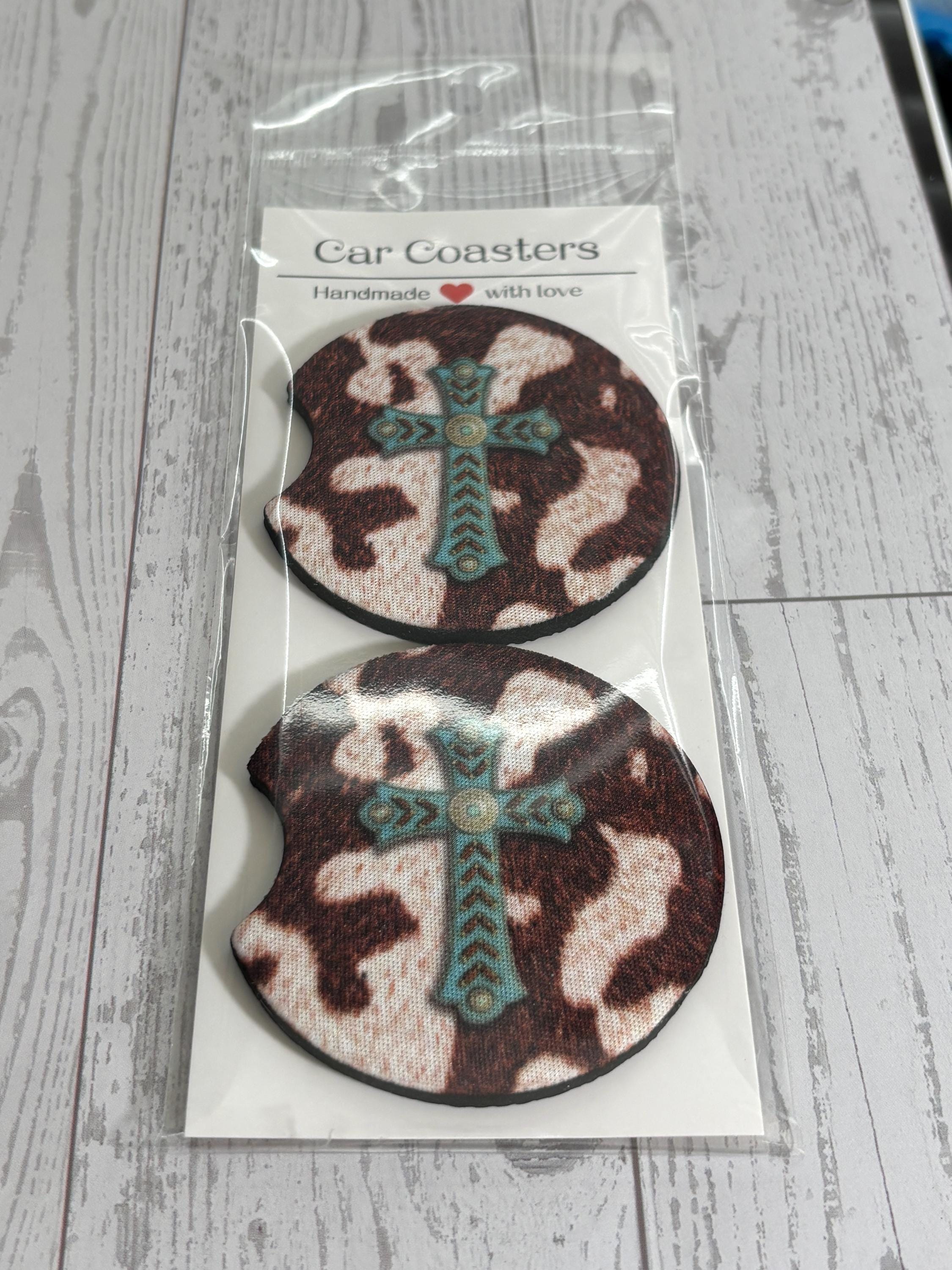 Cow Print Cross Turquoise Car Neoprene Cup Holder Coaster Gift